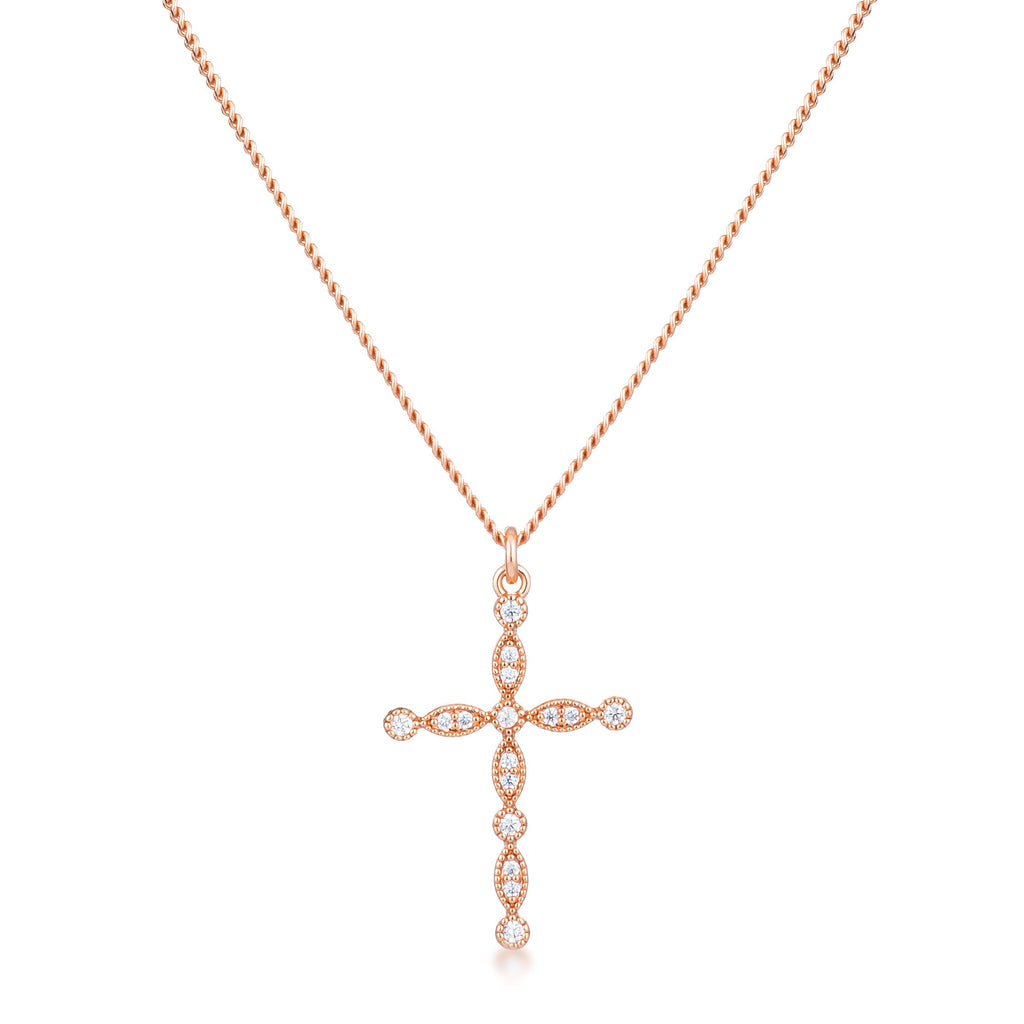 Delicate Vintage Rose Gold Plated Clear CZ Cross Pendant
